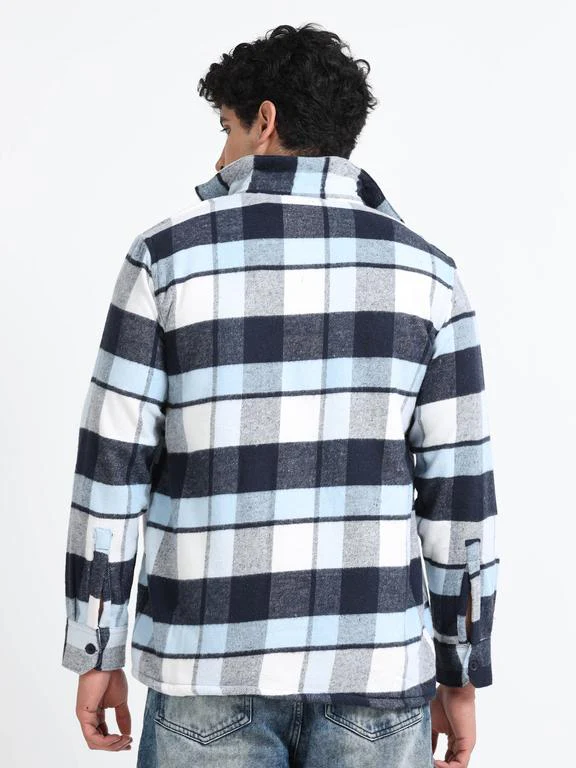 Men Checkered Long Sleeve Fur Collared Casual Brushed OverShirt - Image 5