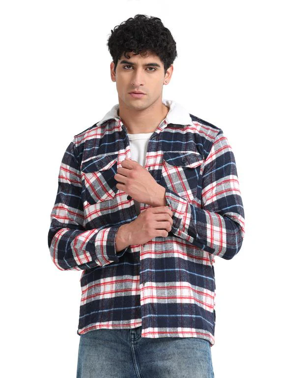 Men Checkered Long Sleeve Fur Collared Casual Brushed OverShirt - Image 3