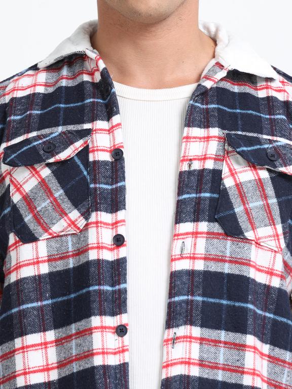 Men Checkered Long Sleeve Fur Collared Casual Brushed OverShirt - Image 4
