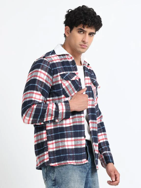 Men Checkered Long Sleeve Fur Collared Casual Brushed OverShirt - Image 5
