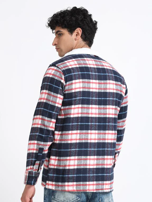 Men Checkered Long Sleeve Fur Collared Casual Brushed OverShirt - Image 6