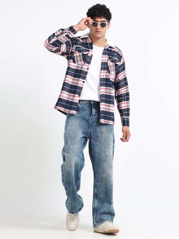 Men Checkered Long Sleeve Fur Collared Casual Brushed OverShirt - Image 7