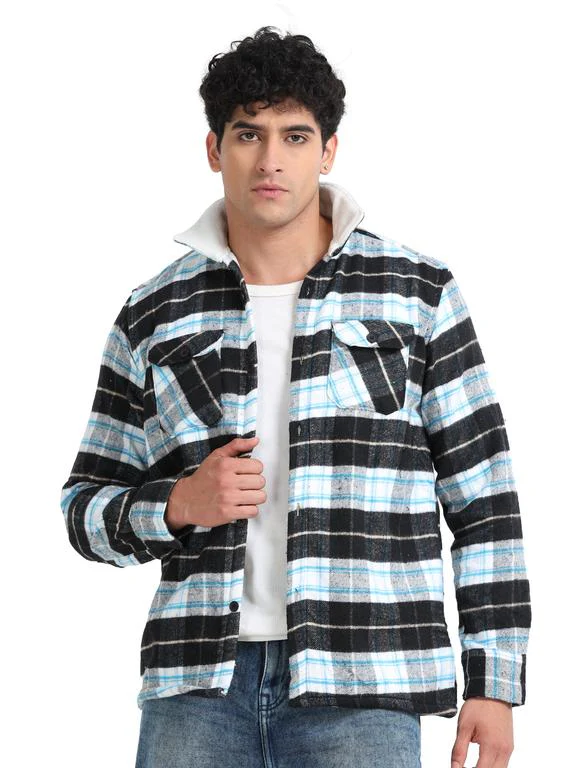 Men Checkered Long Sleeve Fur Collared Casual Brushed OverShirt - Image 3