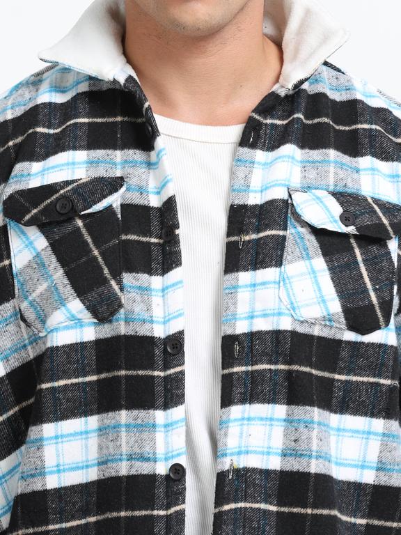 Men Checkered Long Sleeve Fur Collared Casual Brushed OverShirt - Image 4