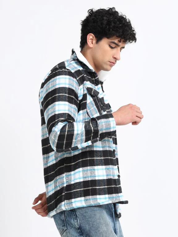 Men Checkered Long Sleeve Fur Collared Casual Brushed OverShirt - Image 5