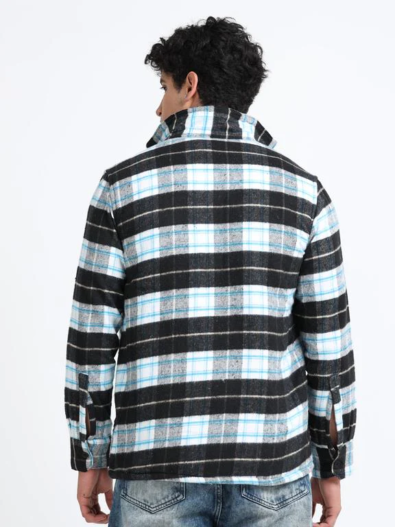 Men Checkered Long Sleeve Fur Collared Casual Brushed OverShirt - Image 6