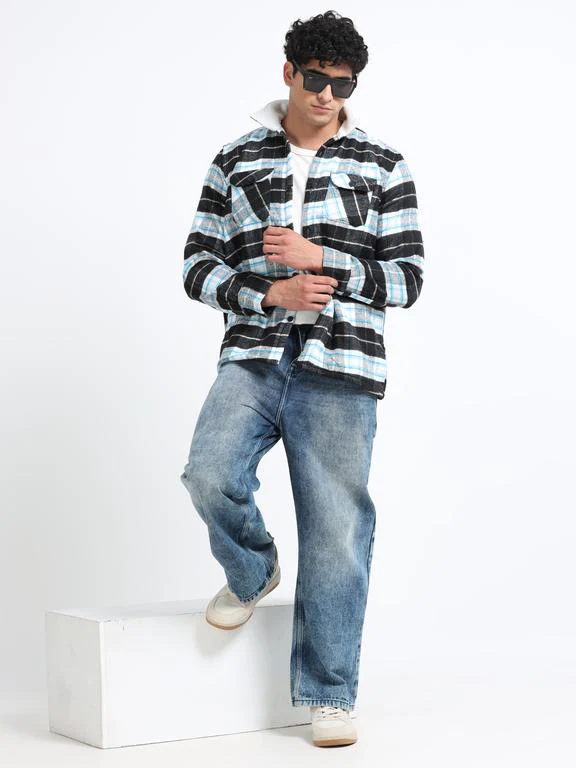 Men Checkered Long Sleeve Fur Collared Casual Brushed OverShirt - Image 7