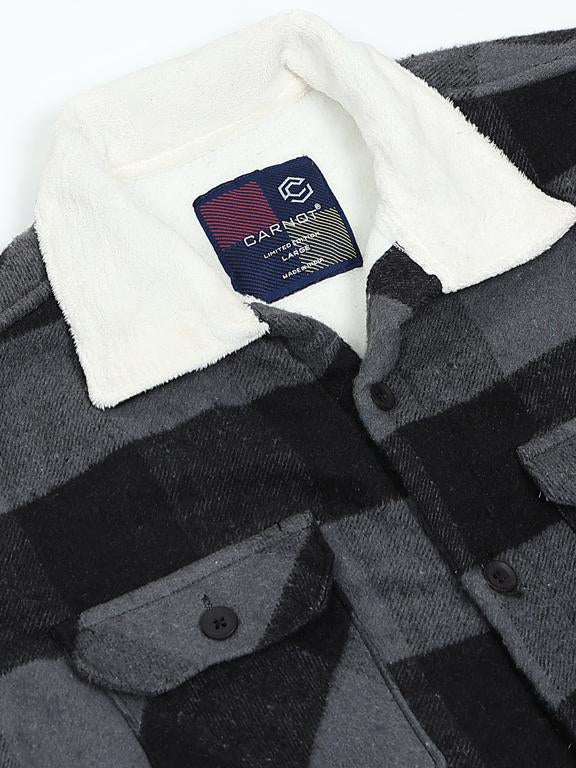 Men Checkered Long Sleeve Fur Collared Casual Brushed OverShirt - Image 2