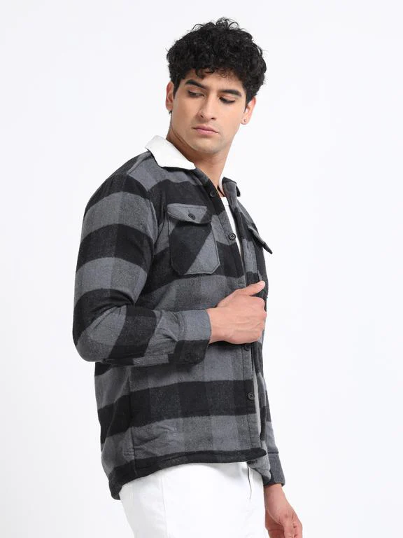 Men Checkered Long Sleeve Fur Collared Casual Brushed OverShirt - Image 3