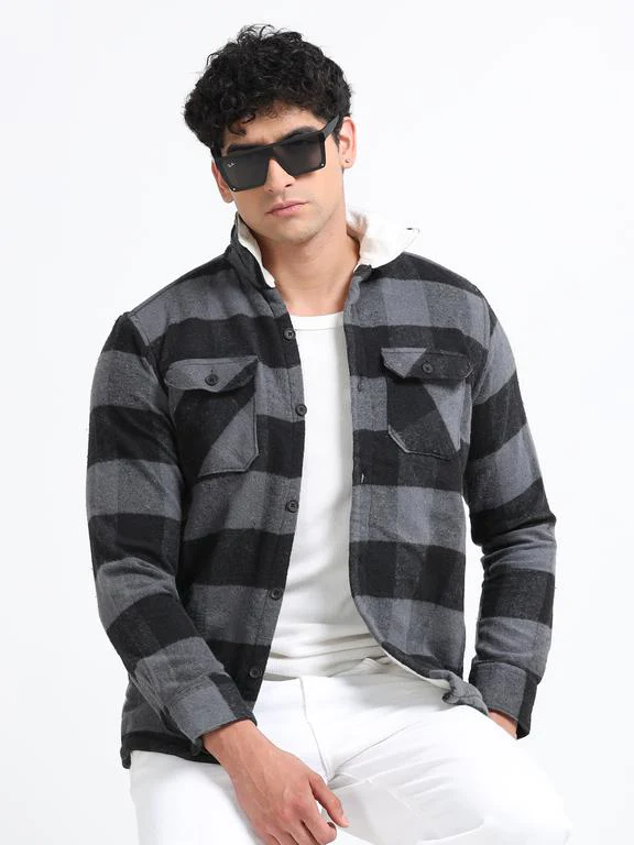 Men Checkered Long Sleeve Fur Collared Casual Brushed OverShirt - Image 4