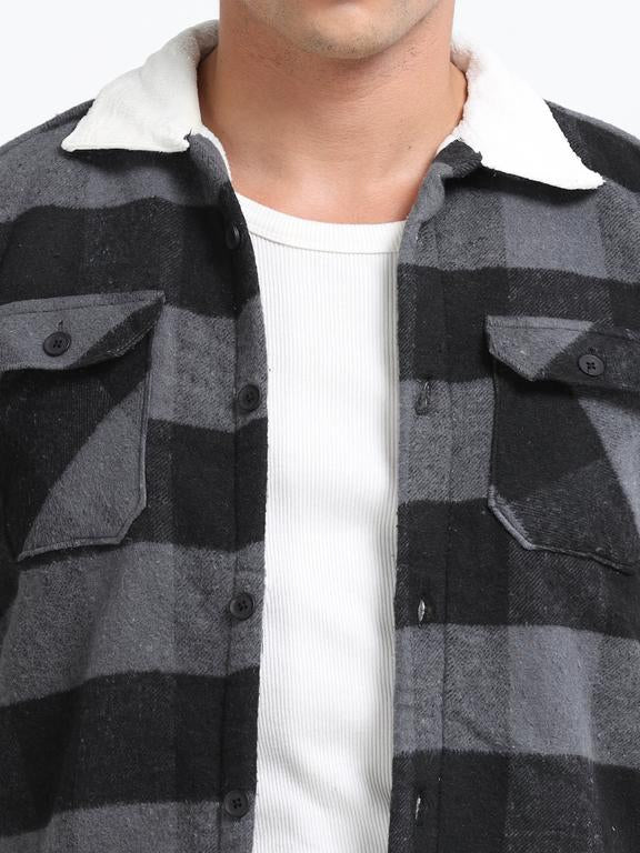 Men Checkered Long Sleeve Fur Collared Casual Brushed OverShirt - Image 5