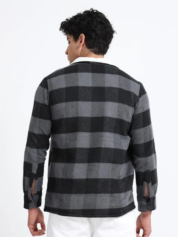 Men Checkered Long Sleeve Fur Collared Casual Brushed OverShirt - Image 6