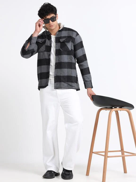 Men Checkered Long Sleeve Fur Collared Casual Brushed OverShirt - Image 7