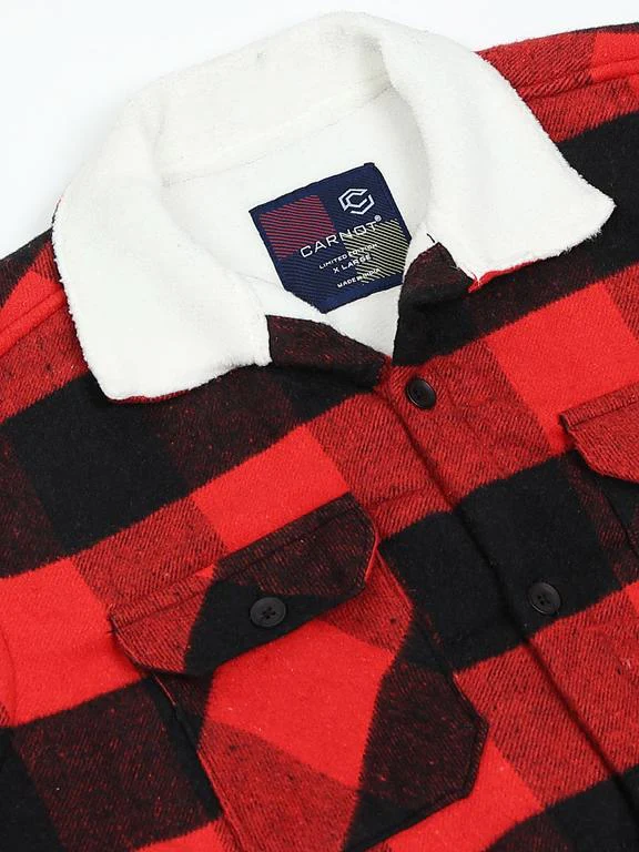 Men Checkered Long Sleeve Fur Collared Casual Brushed OverShirt - Image 2