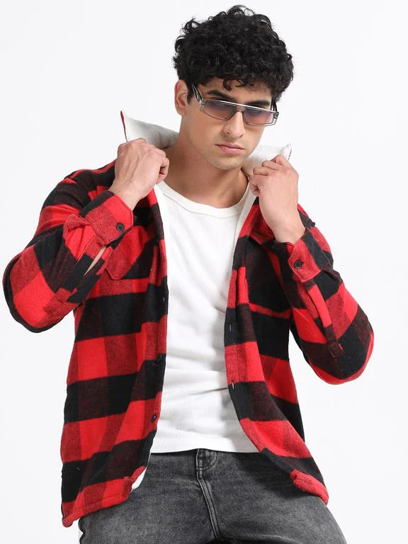 Men Checkered Long Sleeve Fur Collared Casual Brushed OverShirt - Image 3