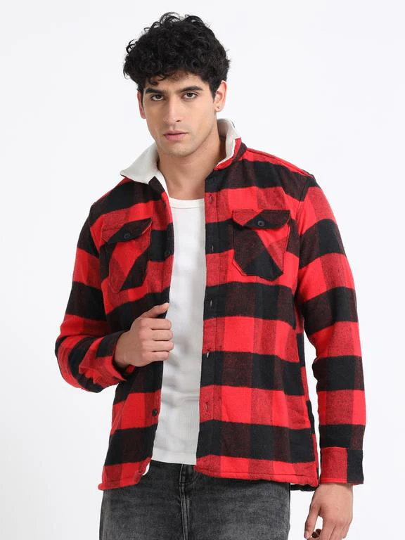 Men Checkered Long Sleeve Fur Collared Casual Brushed OverShirt - Image 4