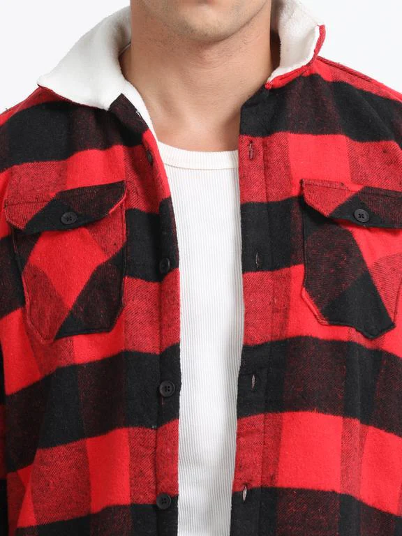 Men Checkered Long Sleeve Fur Collared Casual Brushed OverShirt - Image 5