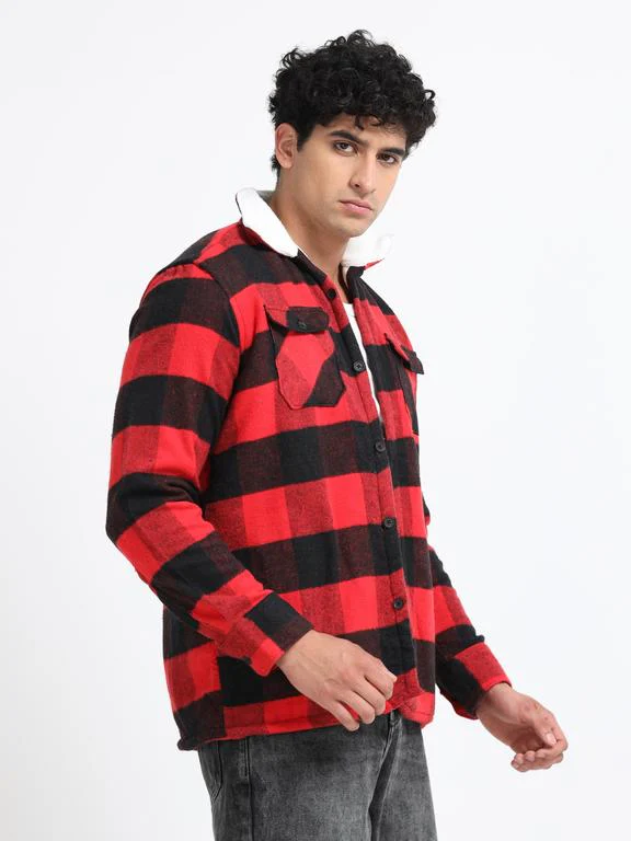 Men Checkered Long Sleeve Fur Collared Casual Brushed OverShirt - Image 6