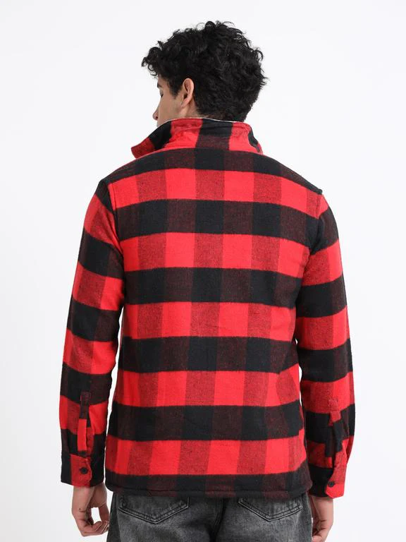 Men Checkered Long Sleeve Fur Collared Casual Brushed OverShirt - Image 7