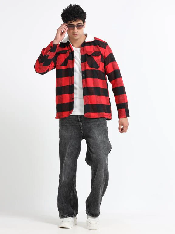 Men Checkered Long Sleeve Fur Collared Casual Brushed OverShirt - Image 8