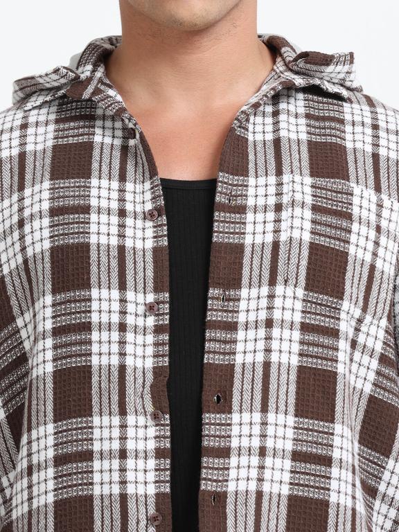 Men Checkered Long Sleeve Hooded Casual Shirt - Image 3
