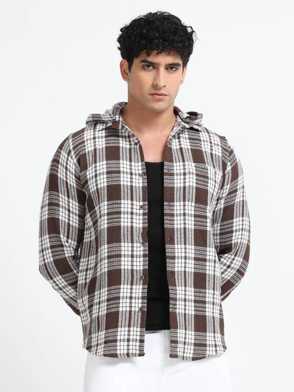 Men Checkered Long Sleeve Hooded Casual Shirt - Image 4