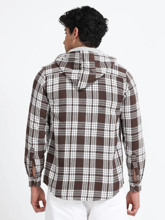 Men Checkered Long Sleeve Hooded Casual Shirt - Image 6