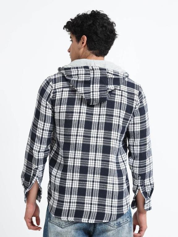 Men Checkered Long Sleeve Hooded Casual Shirt - Image 6