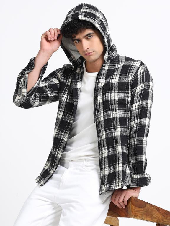 Men Checkered Long Sleeve Hooded Casual Shirt - Image 2