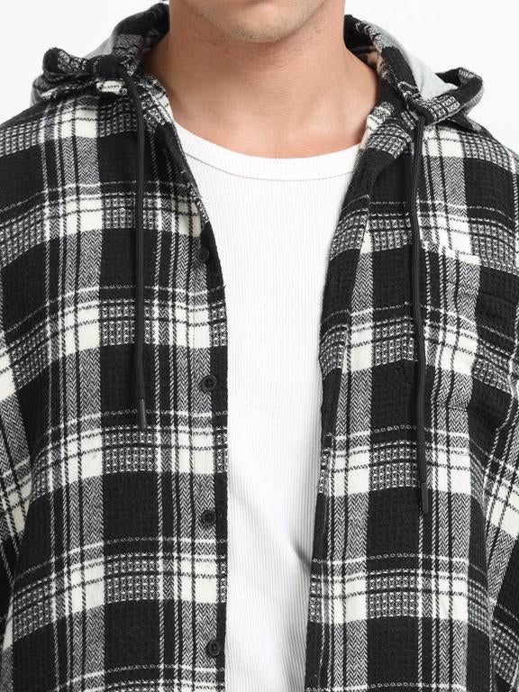 Men Checkered Long Sleeve Hooded Casual Shirt - Image 3