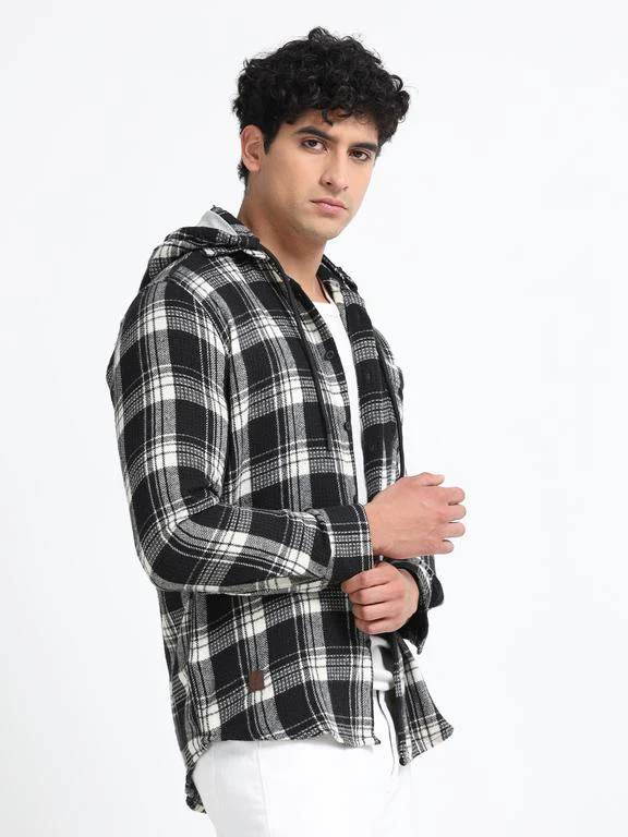 Men Checkered Long Sleeve Hooded Casual Shirt - Image 4