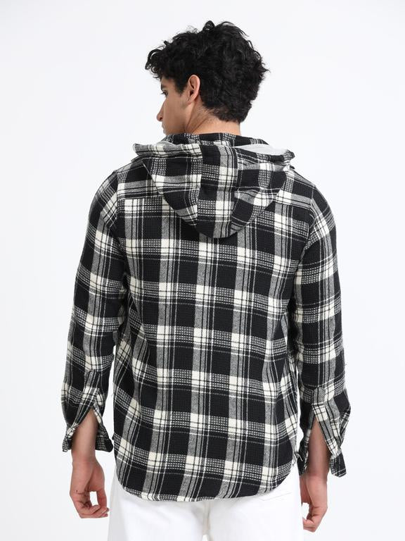 Men Checkered Long Sleeve Hooded Casual Shirt - Image 6