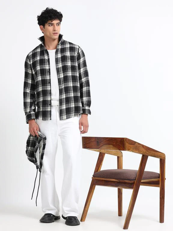 Men Checkered Long Sleeve Hooded Casual Shirt - Image 8