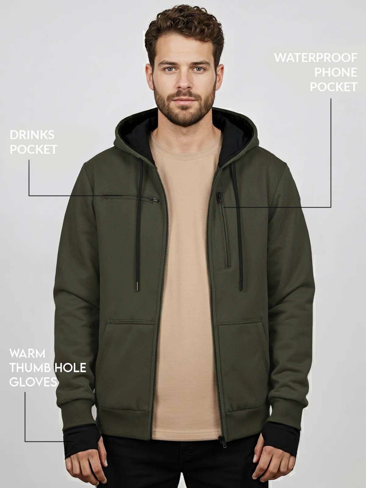 Men Olive Utility Travel Hoodie - Image 2