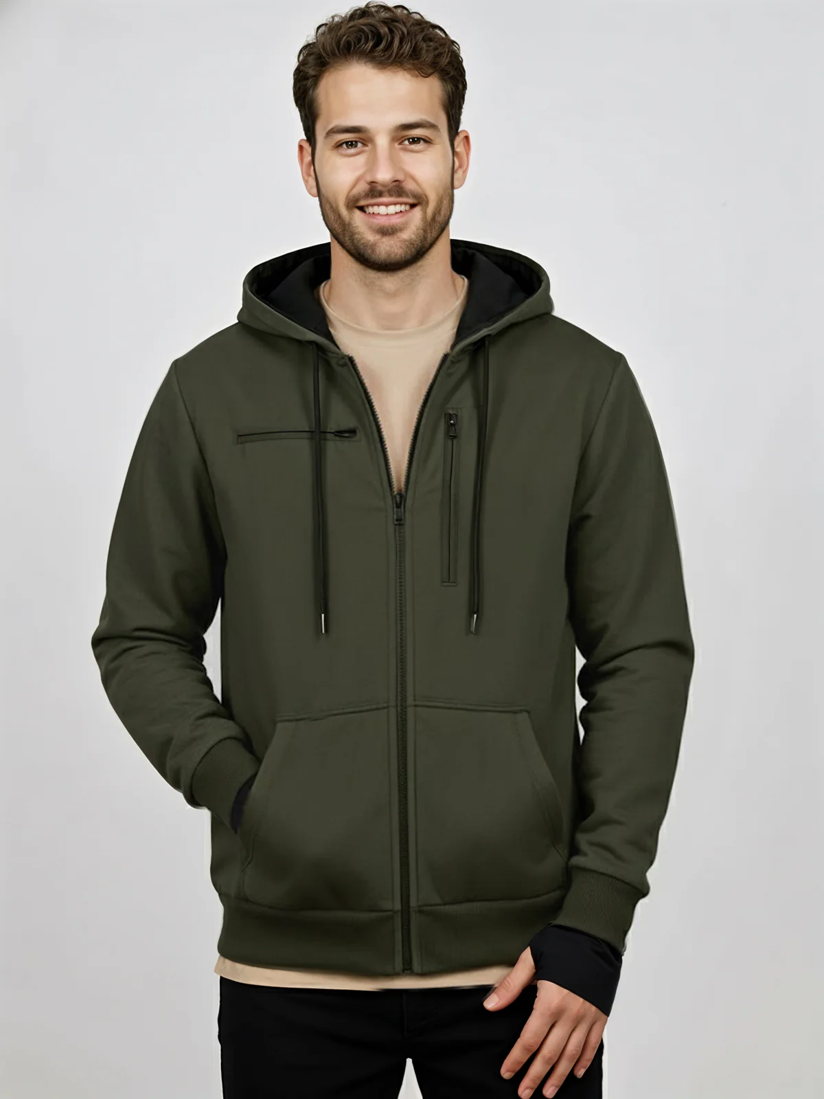 Men Olive Utility Travel Hoodie - Image 6