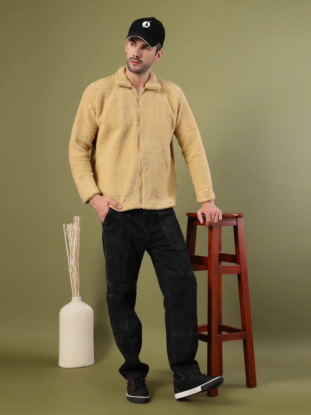 Men Cream Sherpa Solid Oversized Jacket - Image 2