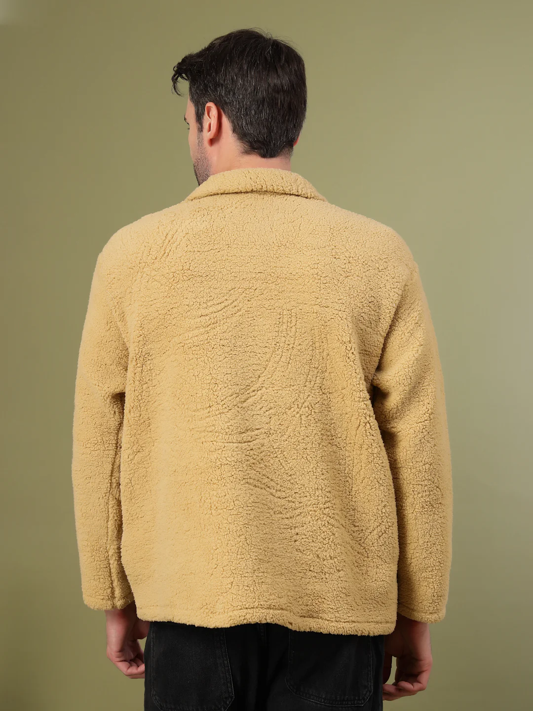 Men Cream Sherpa Solid Oversized Jacket - Image 3