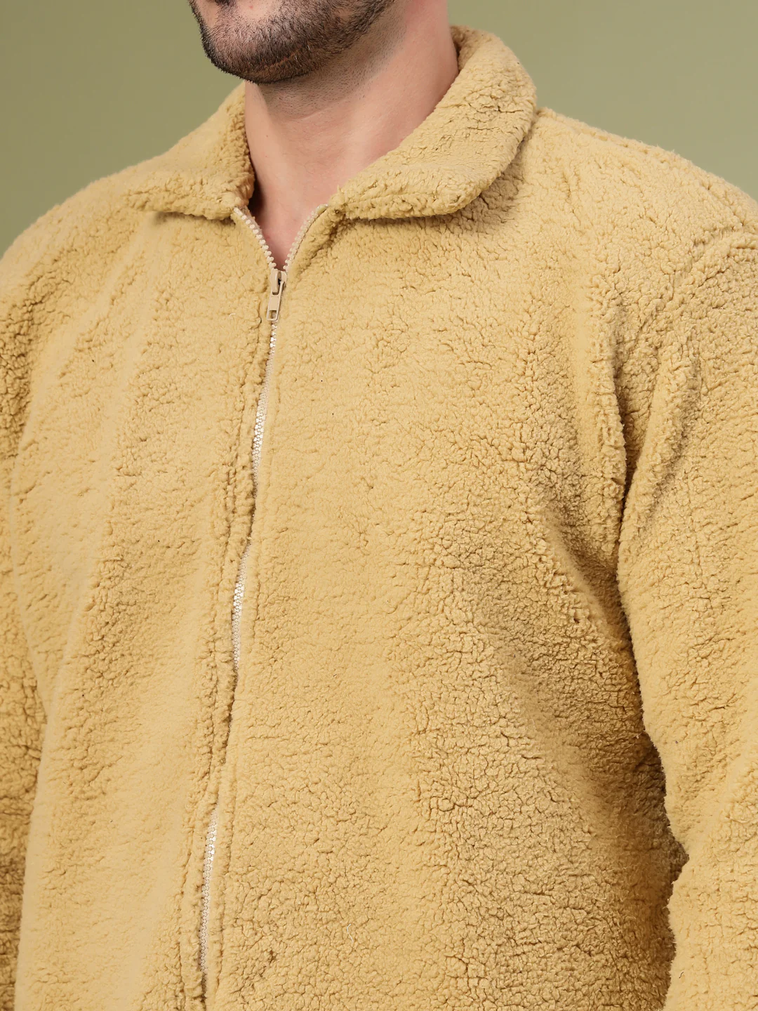 Men Cream Sherpa Solid Oversized Jacket - Image 4