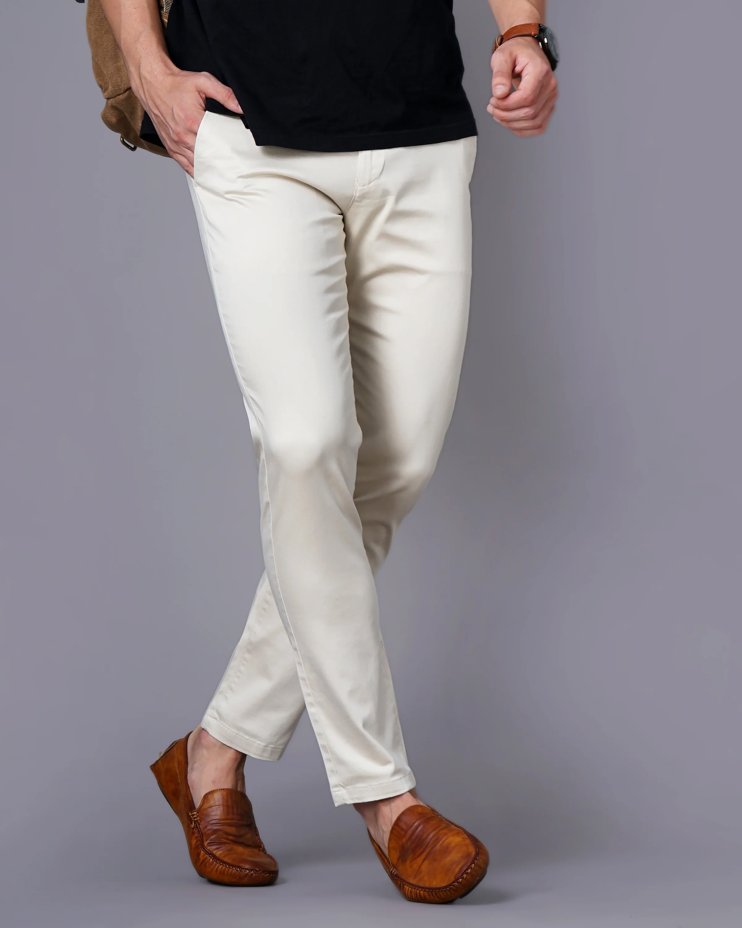 Men Cream Trousers - Image 3