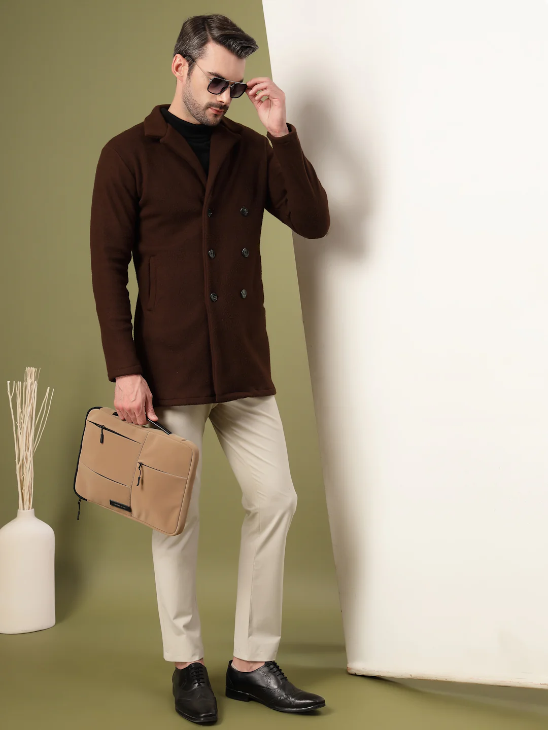 Men Dark Brown Polar Fleece  Solid Double Breasted Coat - Image 2