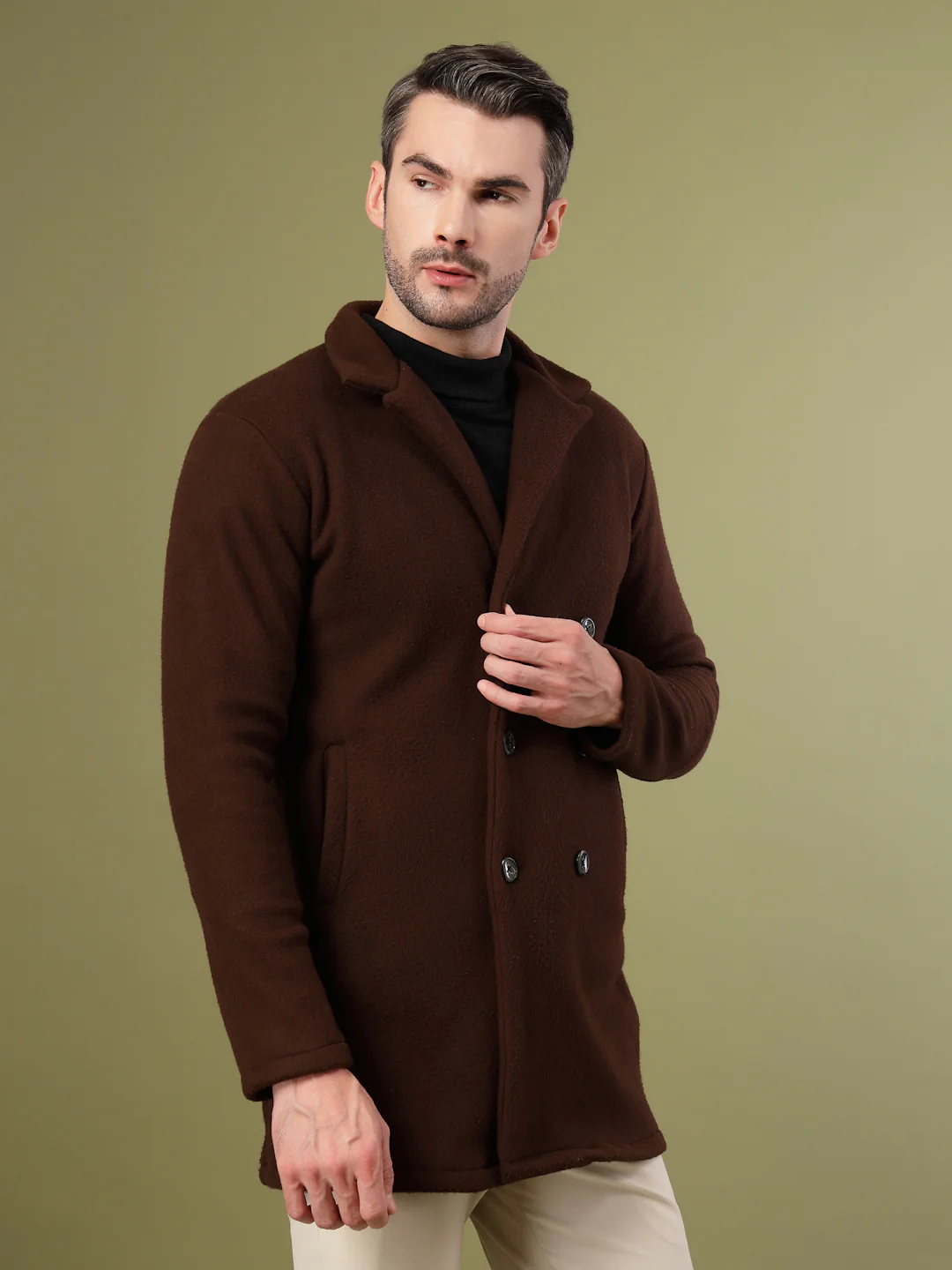 Men Dark Brown Polar Fleece  Solid Double Breasted Coat - Image 3