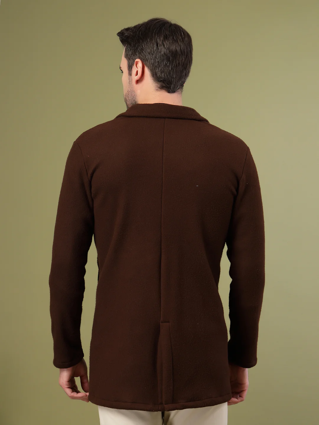Men Dark Brown Polar Fleece  Solid Double Breasted Coat - Image 4