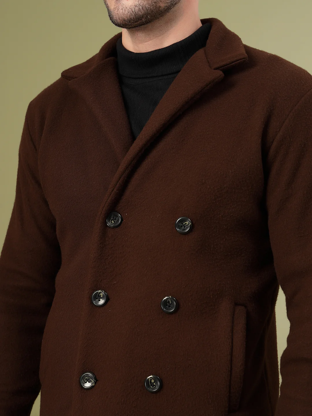 Men Dark Brown Polar Fleece  Solid Double Breasted Coat - Image 5