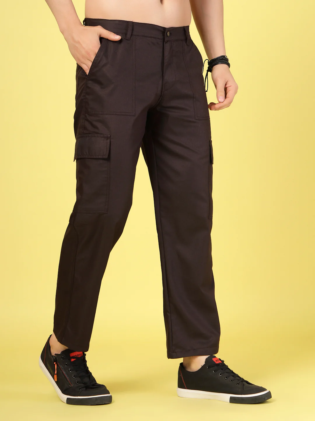 Men Dark Brown Twill Solid Cargo - Image 3