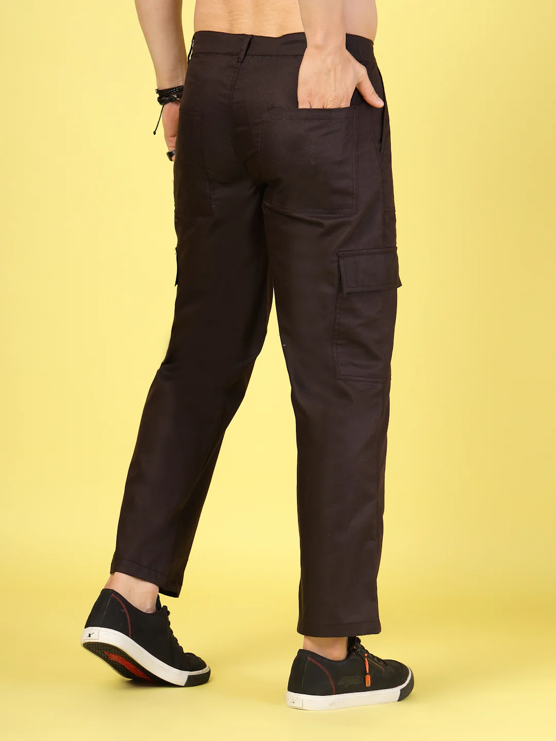 Men Dark Brown Twill Solid Cargo - Image 4