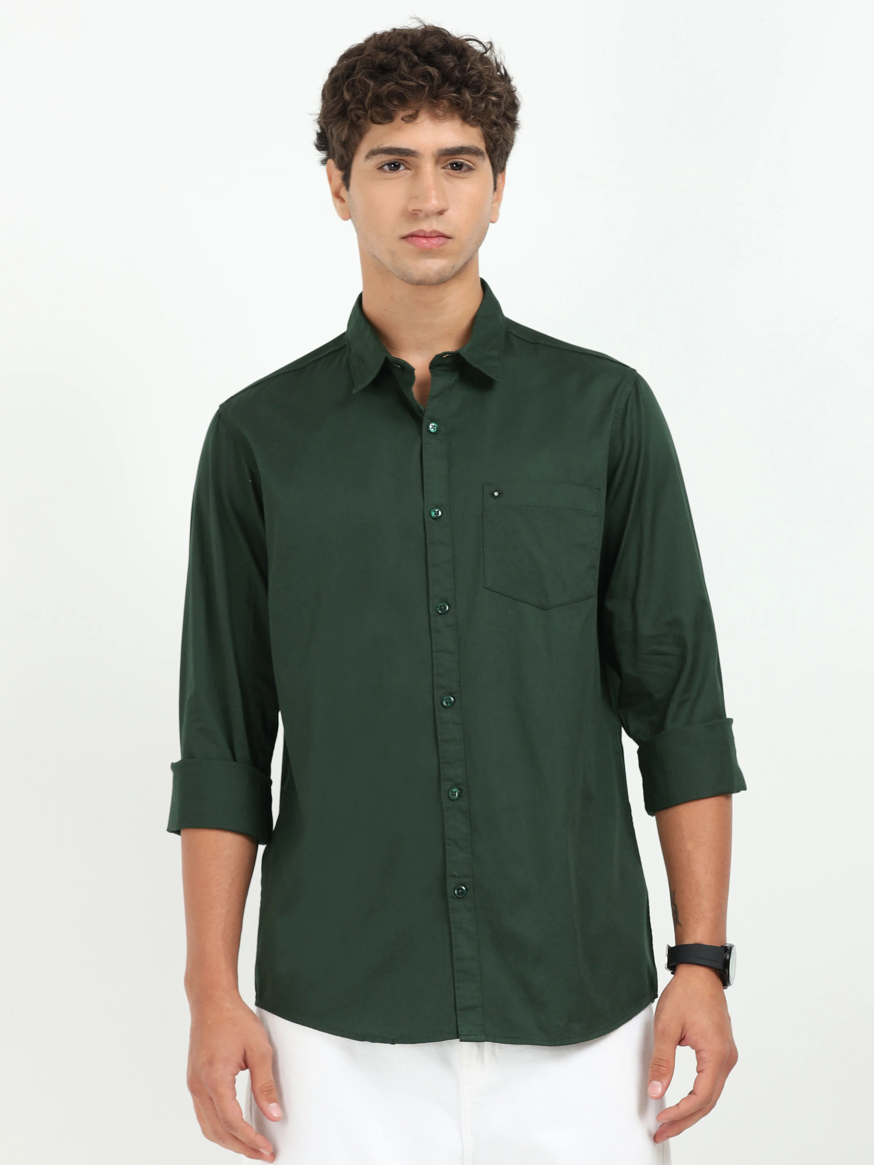Men Dark Green Twill Shirt Slim Fit - Image 2