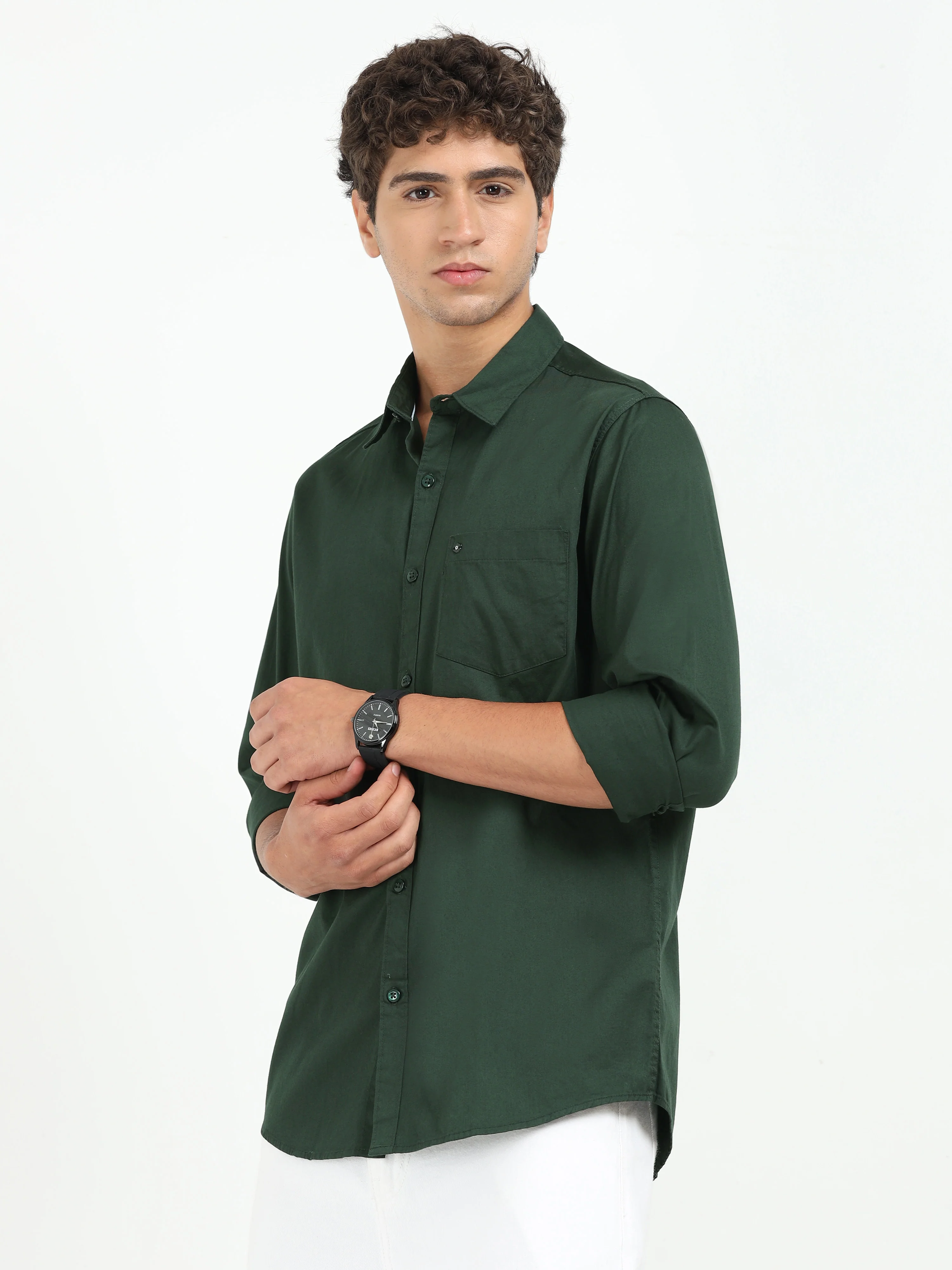 Men Dark Green Twill Shirt Slim Fit - Image 3