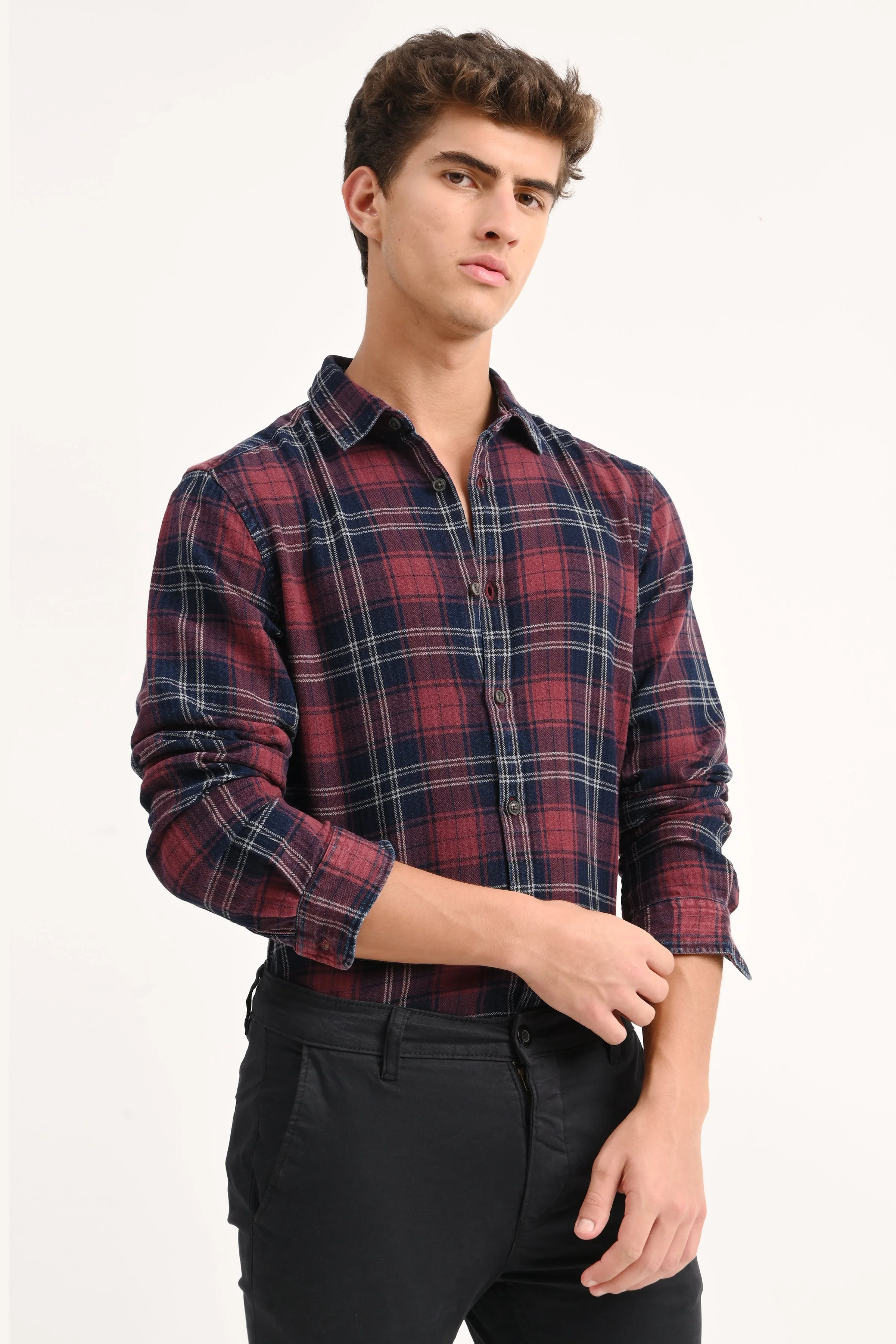 Men Eddie Maroon Indigo Check Shirt - Image 2