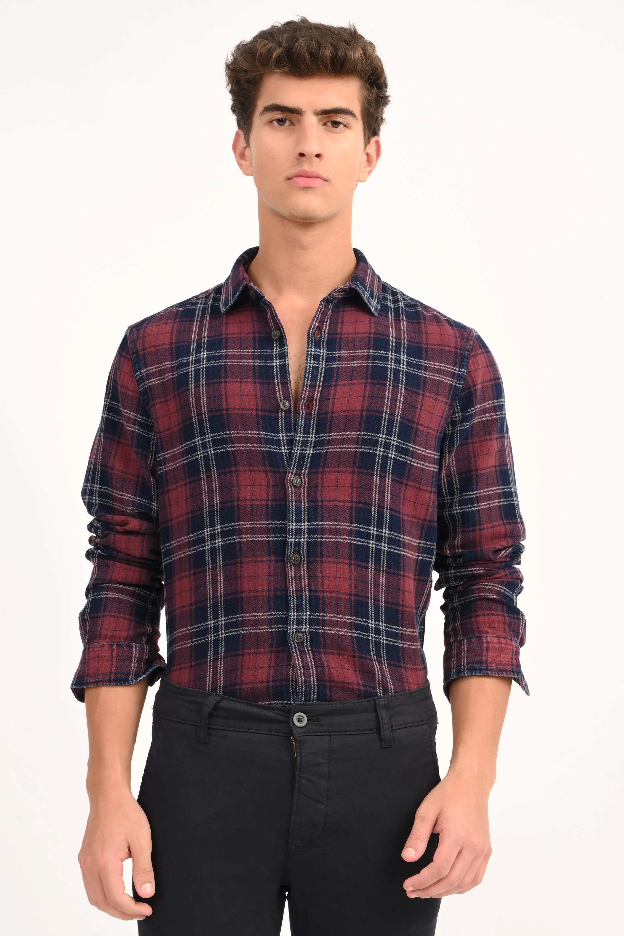 Men Eddie Maroon Indigo Check Shirt - Image 3