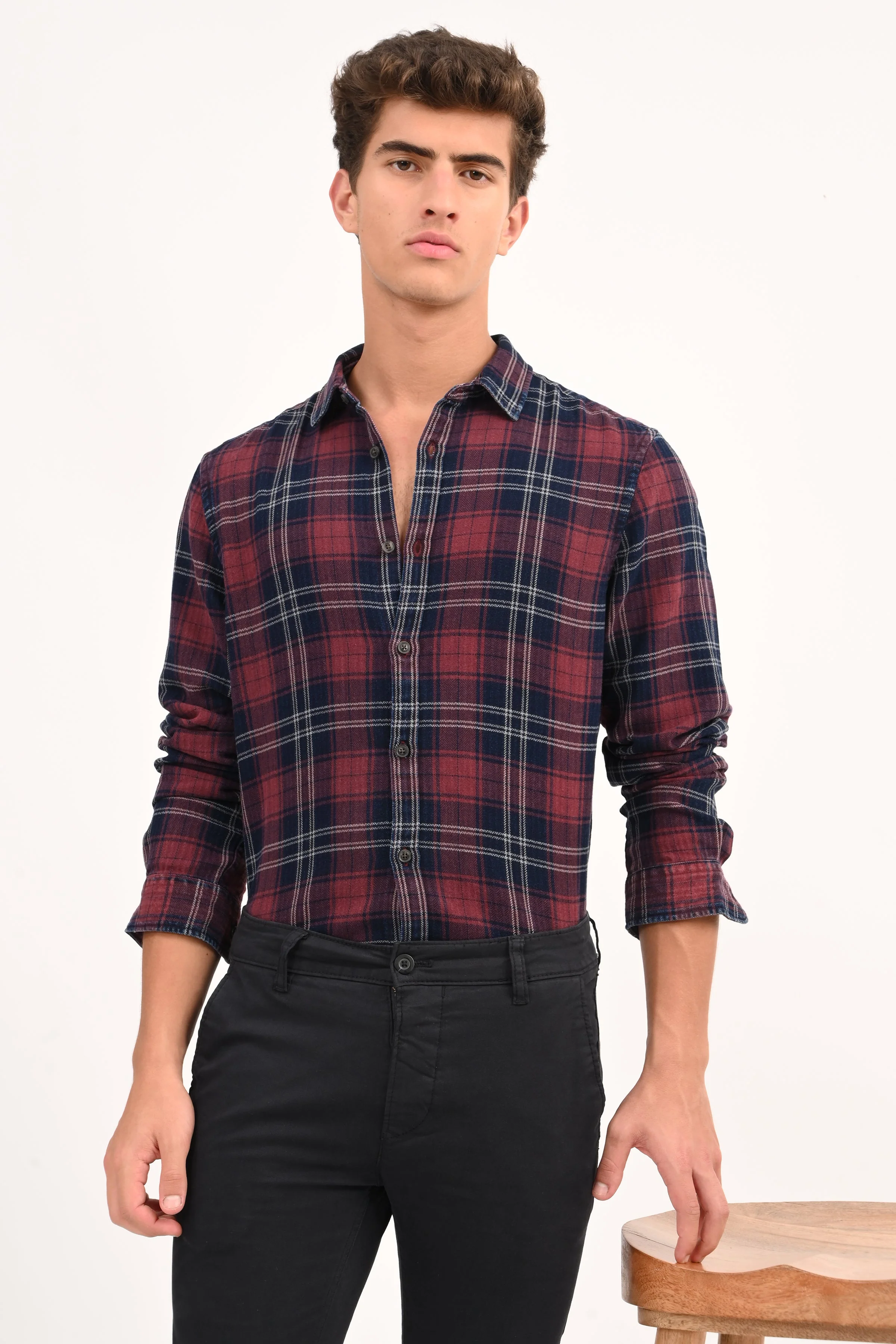 Men Eddie Maroon Indigo Check Shirt - Image 4